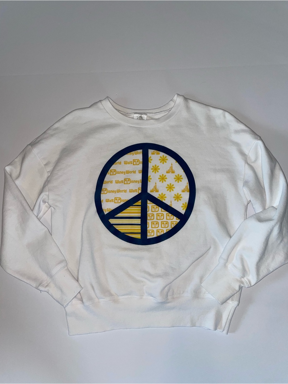 Walt Disney World Peace Sign White Sweatshirt Yellow Castle Flowers Crewneck S